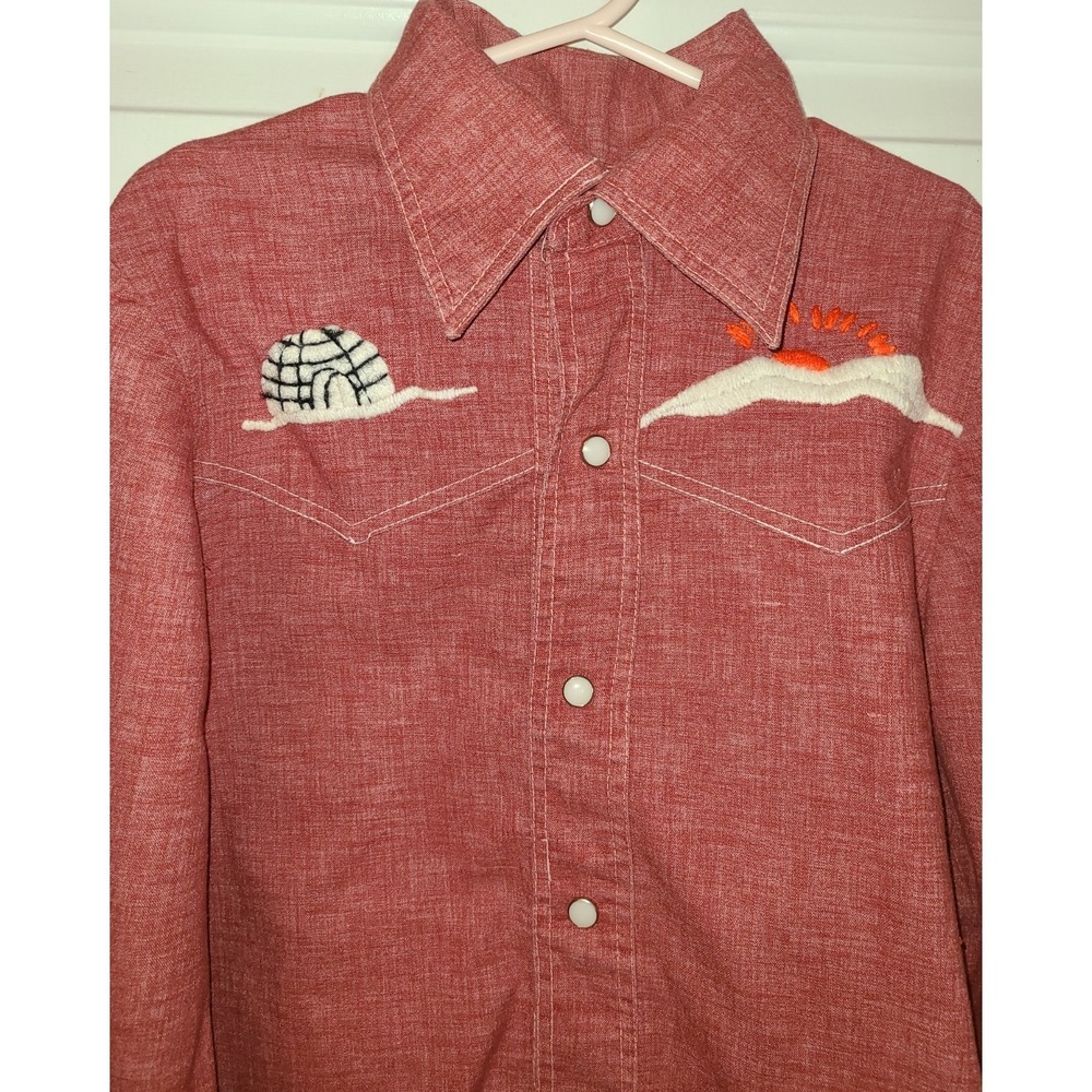 Vtg Kids Red Denim pearl snap button up with embroidery Western Polar Prairie M